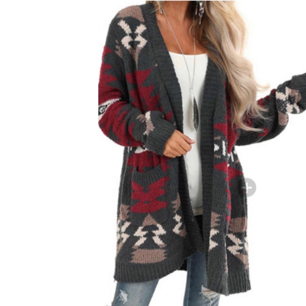 Boho Aztec Tribal Print Cardigan Color Charcoal - Picture 4 of 11
